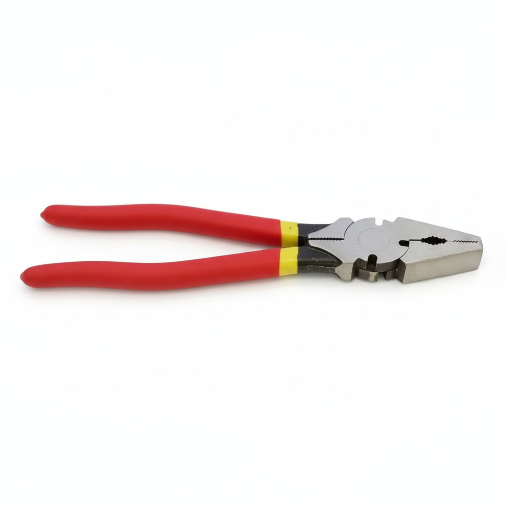 Pair of pliers with red handles on a white background