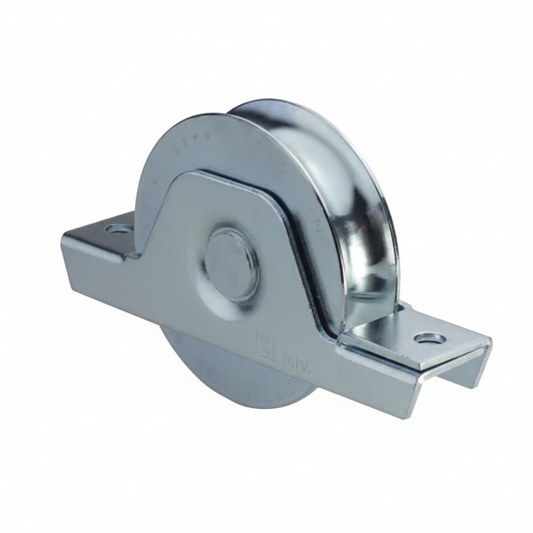 Metal sliding door roller on a white background