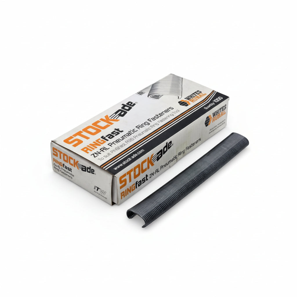 Box of Stockade Ringfast pneumatic ring fasteners with a single fastener on a white background