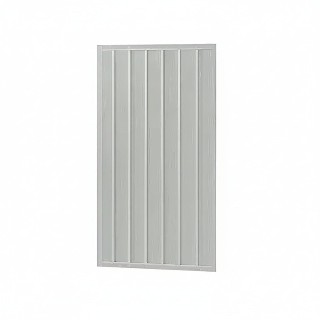 A rectangular white vinyl fence panel with vertical slats, shown against a plain white background.