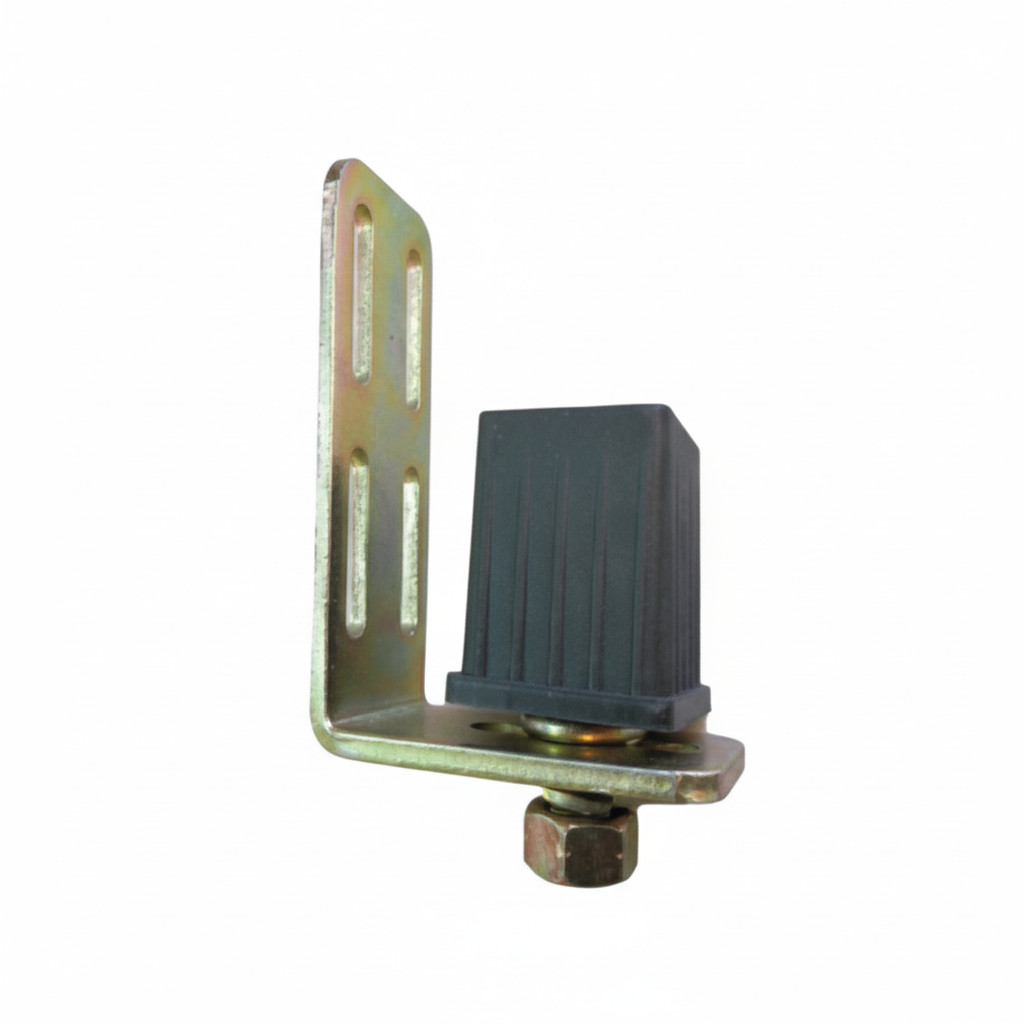 Metal bracket with a black rubber washer on a white background