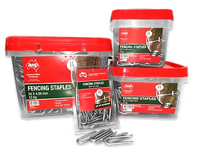 Three containers of fencing staples with visible product details on a white background