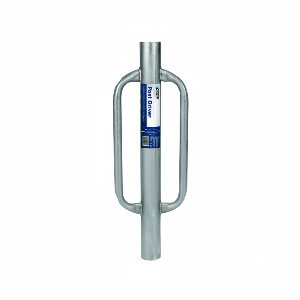 Metal post driver with a blue label on a white background