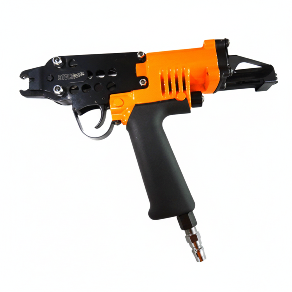 Pneumatic tool with orange and black design on a white background