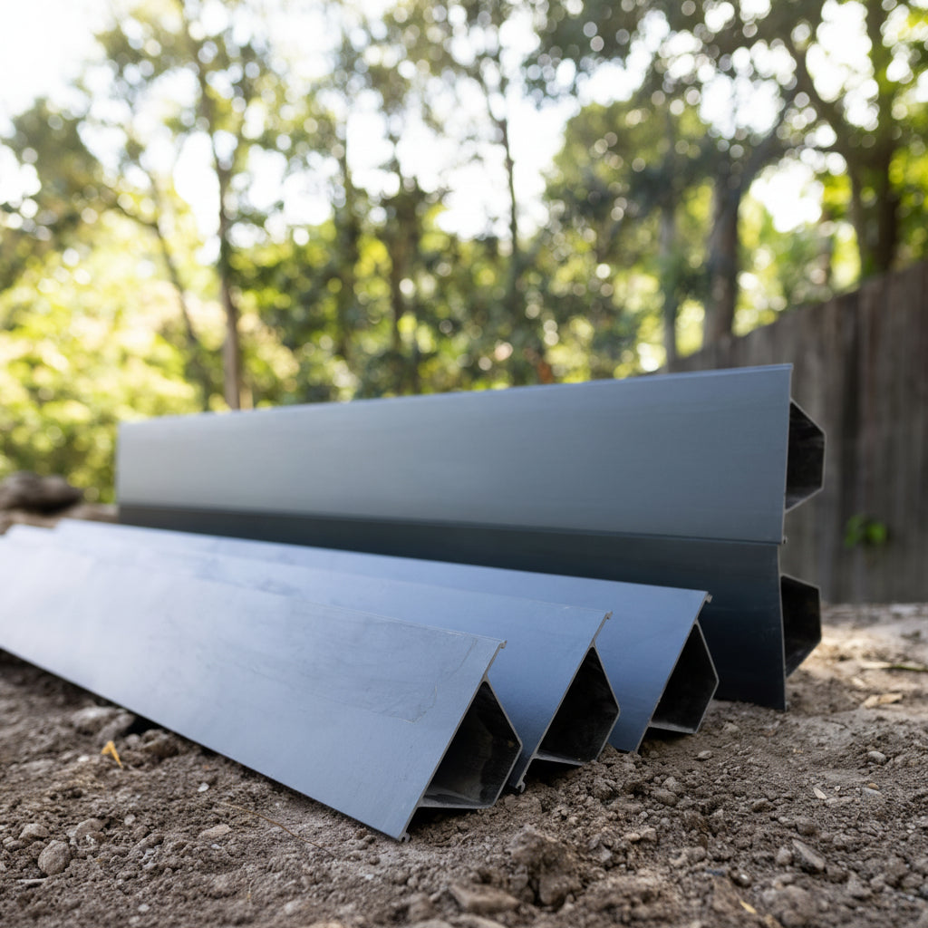 Metal garden edging on a dirt ground with trees in the background