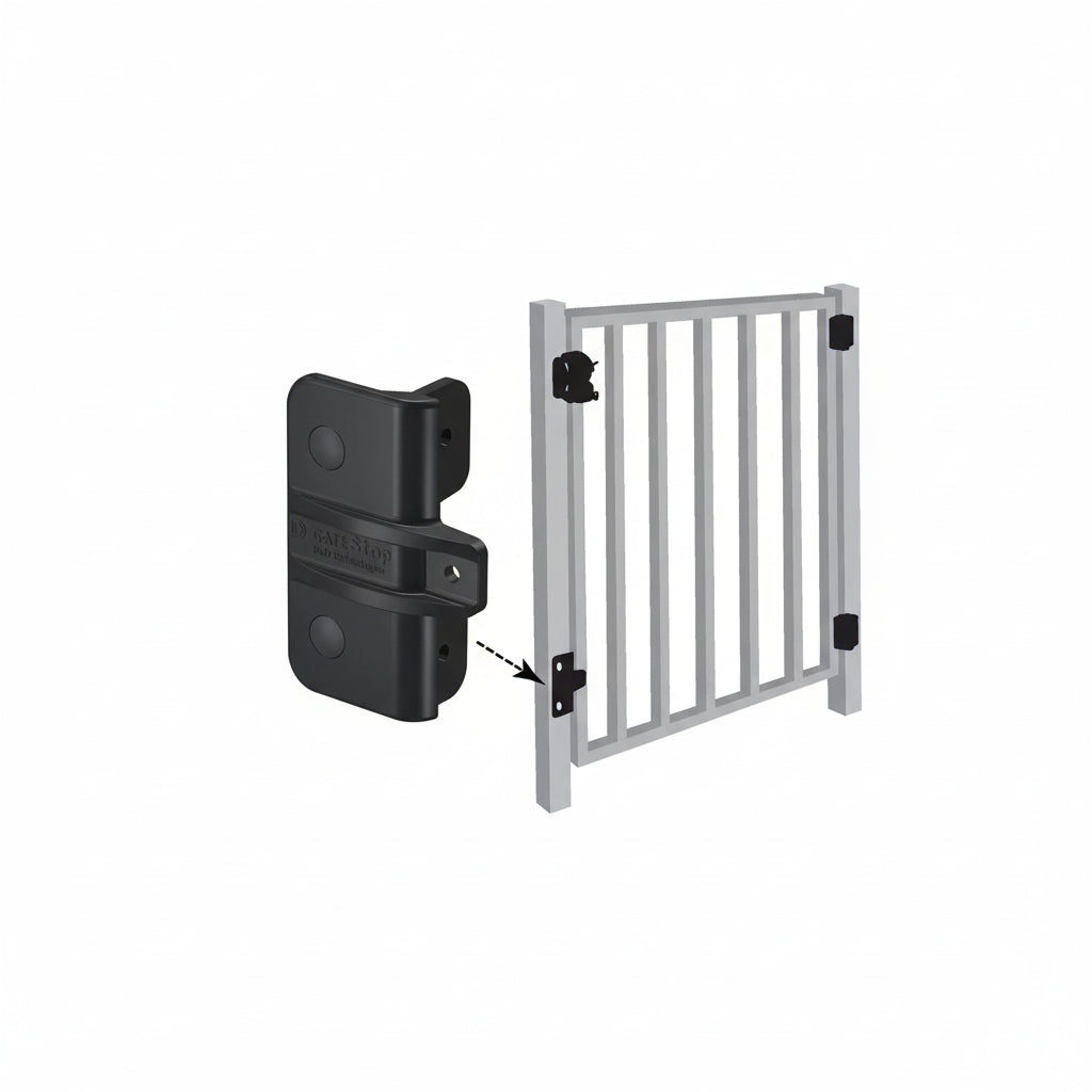 Black gate latch attached to a white gate on a white background