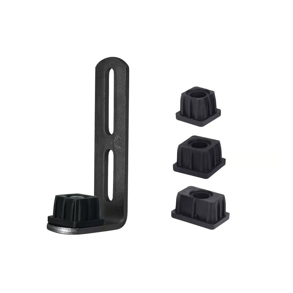 Black metal bracket with four black rubber feet on a white background