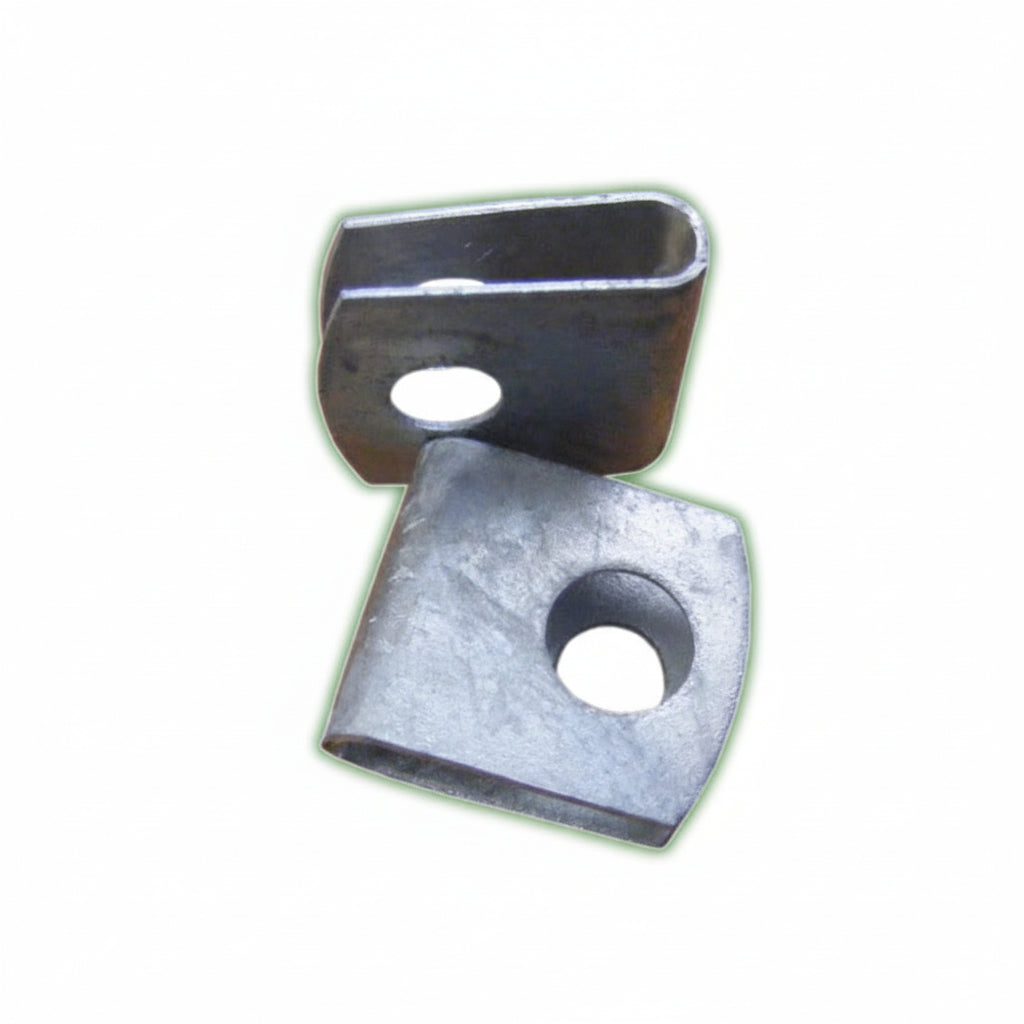 Metal bracket with two holes on a white background