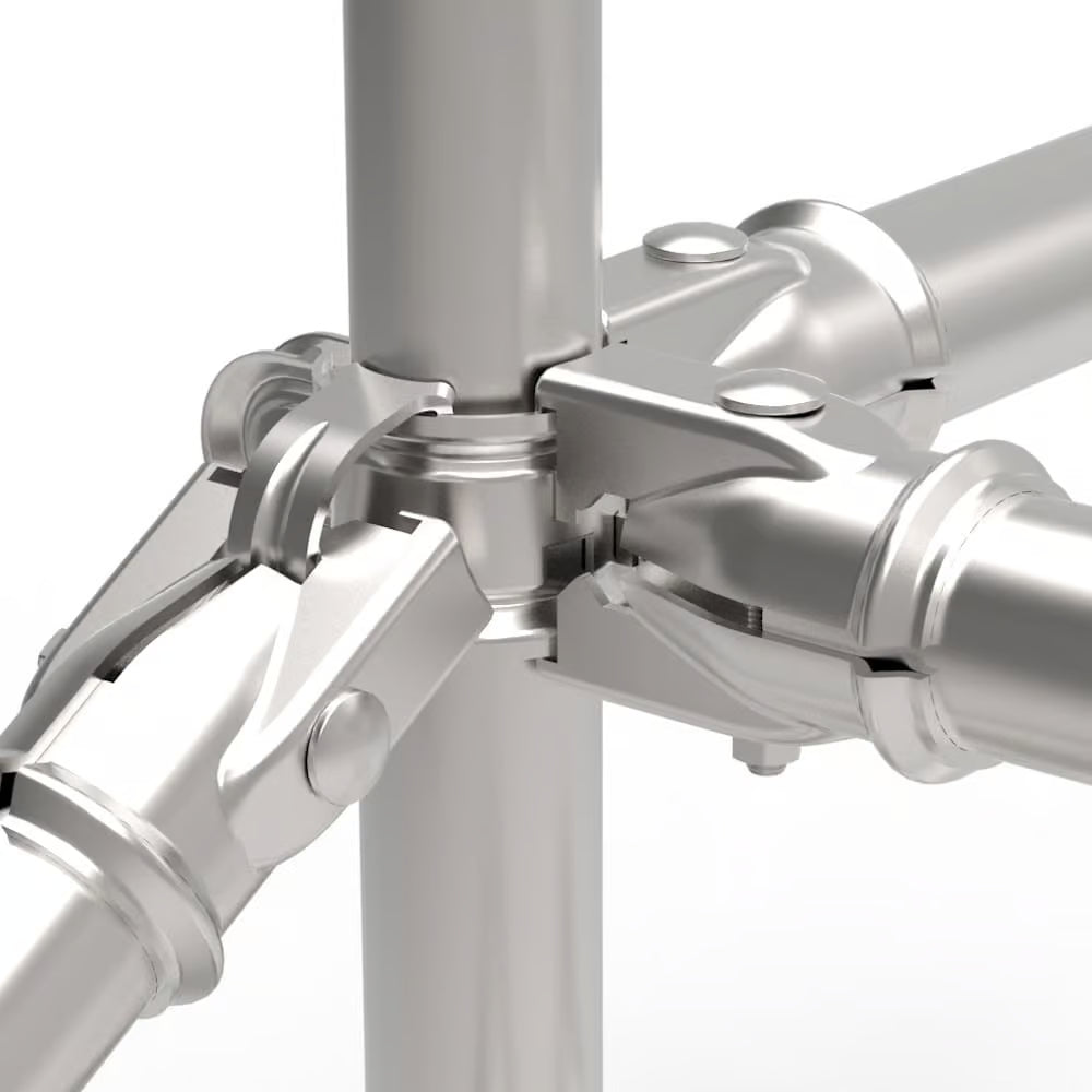 Close-up of a metallic tripod with multiple legs on a white background