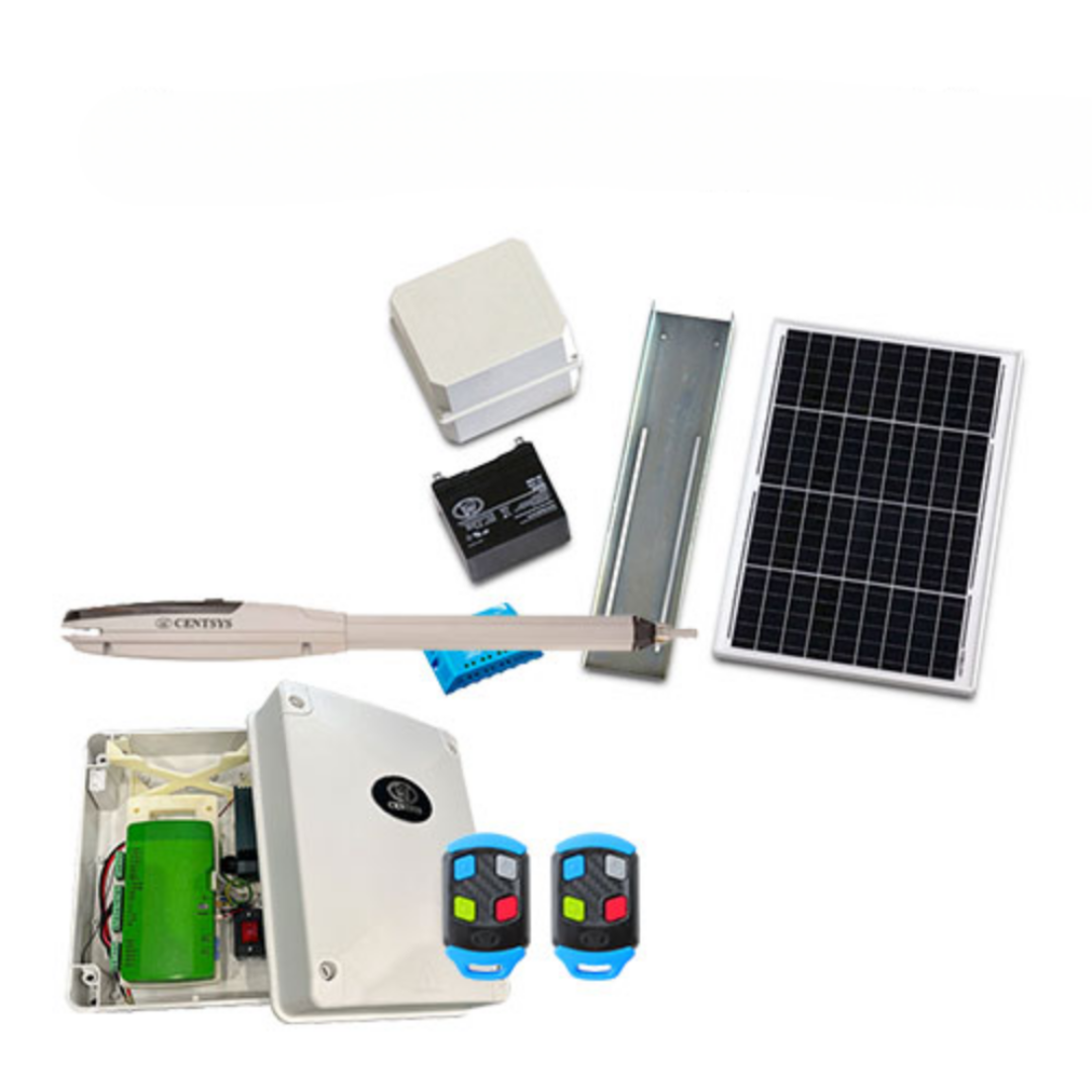 Collection of electronic components including a solar panel, remote controls, and battery on a white background