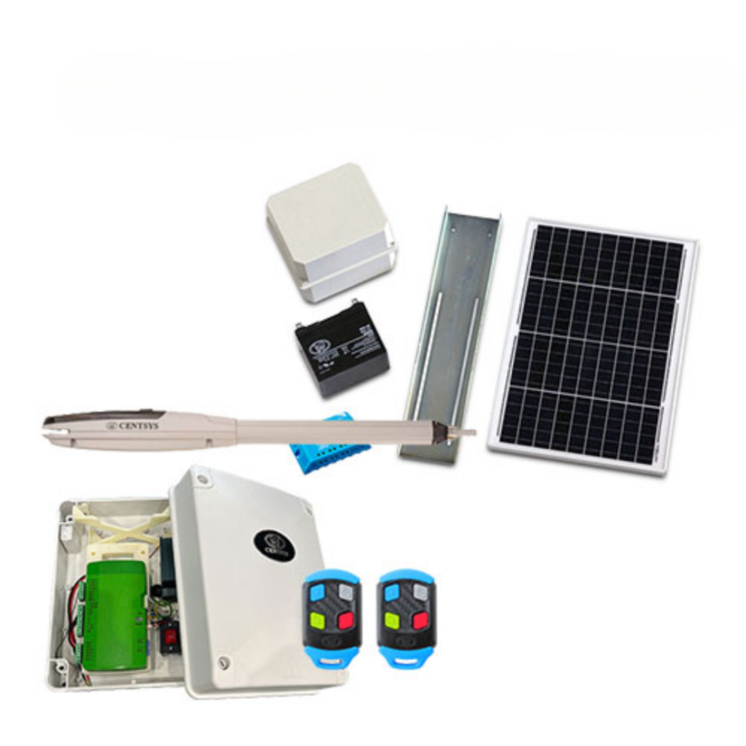 Collection of electronic components including a solar panel, remote controls, and a battery on a white background.