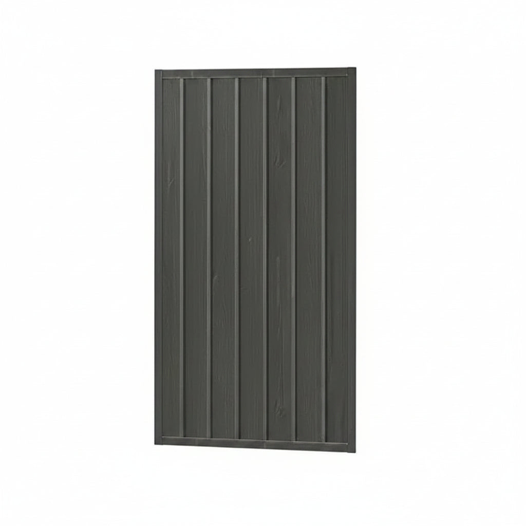 A dark gray vertical slat panel, likely for a fence or gate, shown against a plain white background.