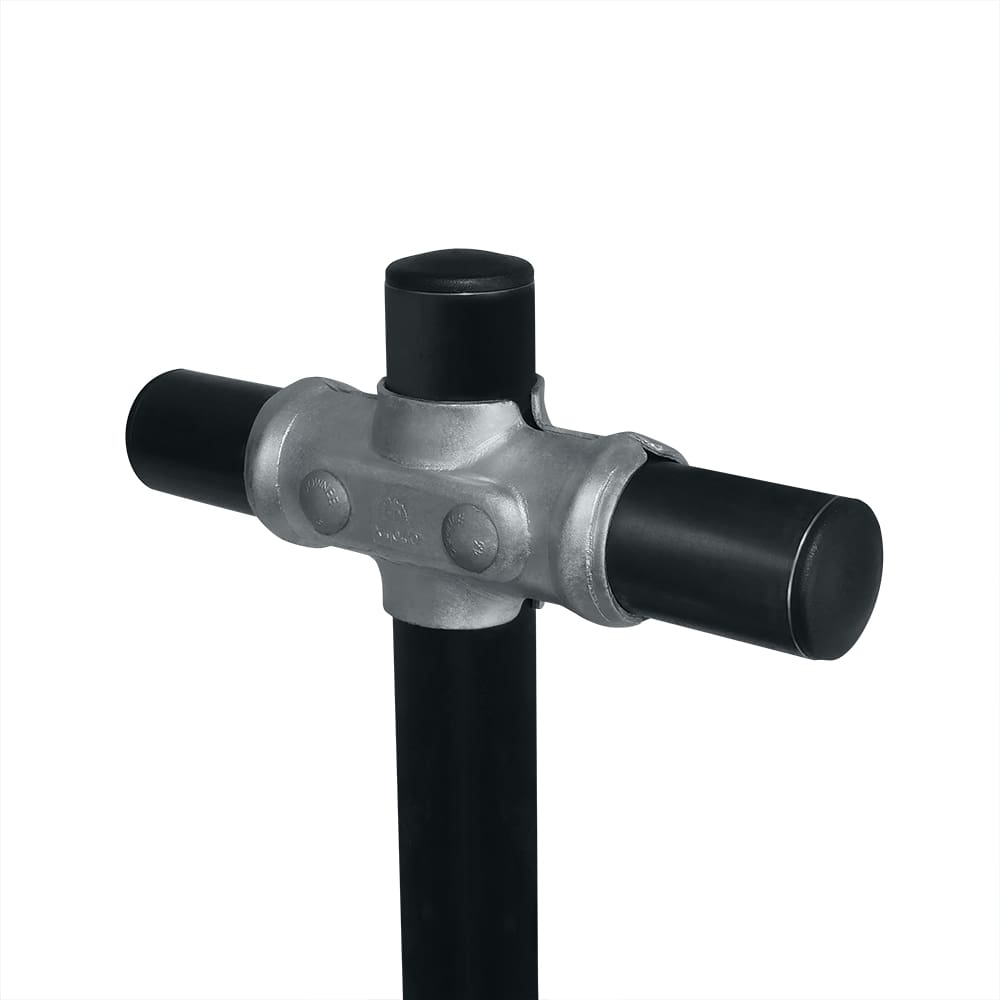 Metal pipe fitting with black connectors on a white background