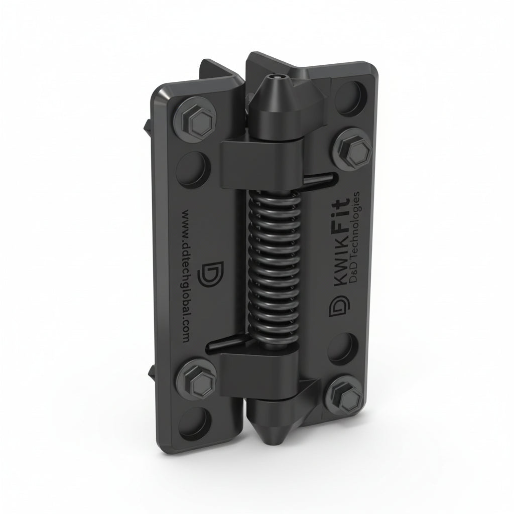 Black metal hinge with visible branding on a white background