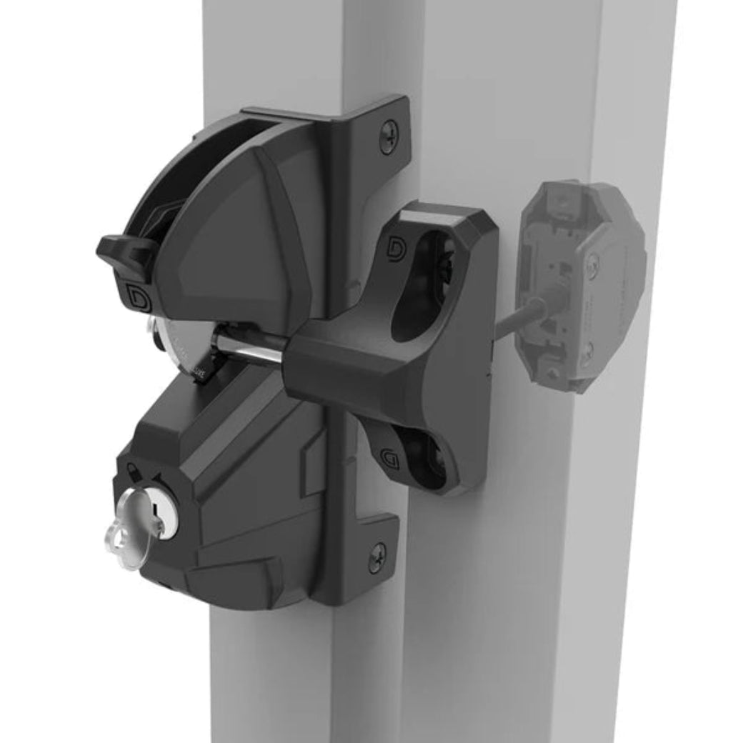 Close-up of a security lock system on a white background
