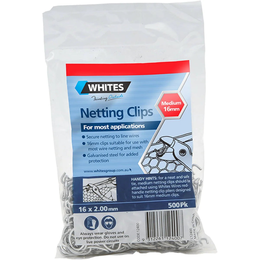 Pack of Whites netting clips with clear plastic cover on a white background