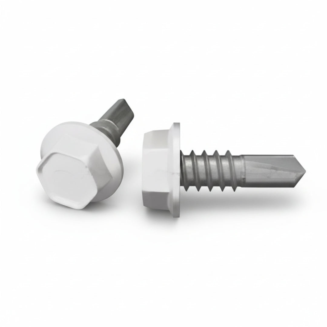 Metal screw with a hex head on a white background